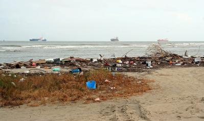 Galveston, TX, October 15, 2008 -- Debris continues to line East Beach a month after Hurricane Ike hit east Texas.  Photo by Greg Henshall / FEMA