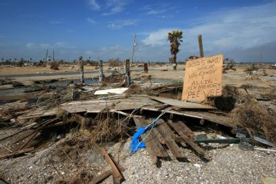 Boulivar Peninsula, TX, October 15, 2008 -- Hurricane Ike caused massive damage along Highway 87 one month ago.  Many homes were totally washed aw...