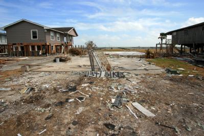 San Leon, TX, October 14, 2008 -- The homes on eighth street sit in front of Galveston Bay.  When Hurricane Ike struck one month ago, all the home...