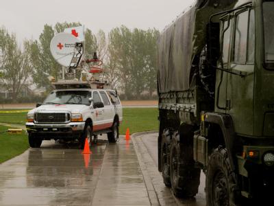Windsor, Colorado. May 26, 2008 -- The red cross disaster relief truck is parked with the Colorado National Guard at the Windsor Rec Center Recove...