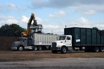 Jacksonville, FL, September 18, 2008 -- Trucks are being loaded with chipped storm debris.  This Tropical Storm Fay debris staging area is one of ...