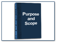 Graphic of a book with the words Purpose and Scope written on the cover.
