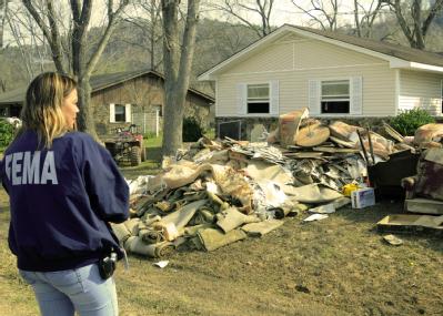Norfork, AR, March 26, 2008  -- Beverly Palmer, a Federal Emergency Management Agency Individual Assistance specialist, looks over the remnants th...