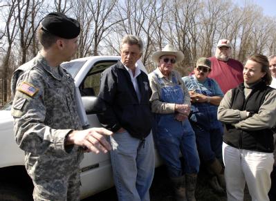 Des Arc, AR, March 25, 2008 -- Local and state officials brief Arkansas Governor Mike Beebe, second from left, along with Senator Blanche Lincoln,...