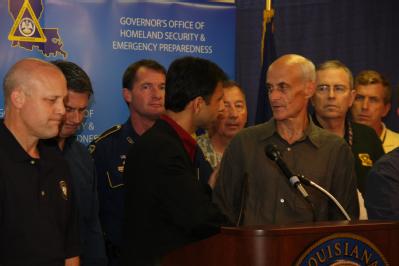 New Orleans, LA, August 31, 2008 -- Governor Bobby Jindal shakes hands Michael Chertoff Secretary of Department of Homeland Security, thanking DHS...