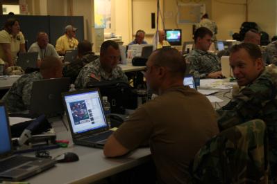 New Orleans, LA, September 1, 2008 -- National Guard watching computers and manning telephones as Hurricane Gustav comes on shore.  Jacinta Quesad...