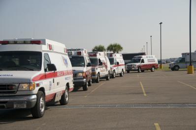 Beaumont, TX August 31, 2008--Ambulances line up for assignments in Beaumont, Texas.  These units transport  patients with special medical needs o...