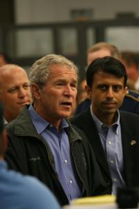 Baton Rouge, LA, September 3, 2008 -- President George W. Bush and Governor Bobby Jindal greeting EOC employees, during disaster recovery efforts ...
