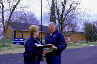 Pacific, MO, April 11, 2008 -- Planning their Community Relations activities for Franklin County are Mary Peirson and Doug Parker, at the Disaster...