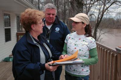 Robertsville, MO, April 11, 2008 -- A Community Relations team, Mary Peirson and Doug Parker, met with Kathy Hill, whose home was damaged by the M...