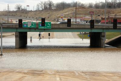 Valley Park, MO, March 23, 2008 -- Flooding has made using this roadway under the interstate impassable.   Water remains  in neighborhoods near th...