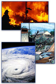 Photos showing hazards including fire, tornado, and hurricane