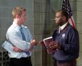 Lincoln, NE, June 13-2008 -- FEMA Federal Coordinating Officer Willie G. Nunn (R) discusses the public assistance process with Lincoln television ...