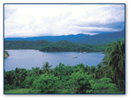 Graphic of mountains and lake.