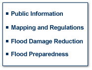 Graphic with the following text. 
- Public Information
- Mapping and Regulations
- Flood Damage Reduction
- Flood Preparedness