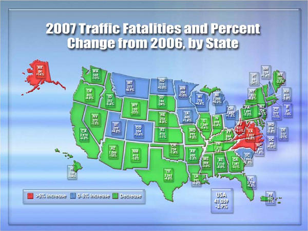 United States map with title: 2007 Traffic Fatalities and Percent Change from 2006, by State