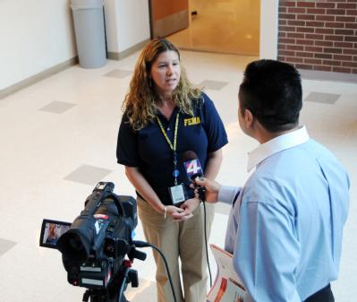 McAllen, TX, August 25,2008 -- FEMA public affairs specialist, Franceska Ramos is interviewed by a local TV station about the current programs tha...