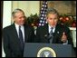 President George W. Bush announces William Donaldson as his nominee for Chairman of the Securities and Exchange Commission Tuesday, December 10, 2002 in the Roosevelt Room of the White House.  White House photo by Paul Morse