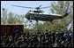 Traveling aboard Marine One, President George W. Bush and Laura Bush arrive at Camp Lejeune in Jacksonville, N.C., Thursday, April 3, 2003.  White House photo by Paul Morse