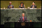 President George W. Bush addresses the United Nations General Assembly in New York City Tuesday, Sept. 19, 2006. "Five years ago, Afghanistan was ruled by the brutal Taliban regime, and its seat in this body was contested. Now this seat is held by the freely elected government of Afghanistan, which is represented today by President Karzai," said President Bush. White House photo by Shealah Craighead