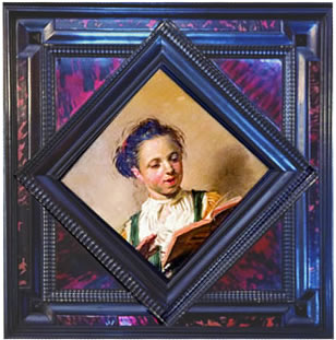    Uncompromising good taste has guided the Saunderses’ approach to design.  Tortoiseshell frames serve as delightful carapace for Dutch Golden Age artistist Frans Hals’s paintings from a Five Senses series, Girl Singing, and A Boy Playing the Viloin.  