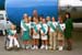 President George W. Bush met with members of Girl Scout Troop #272 upon arrival at the Tri-Cities Airport in Pasco, Washington on Friday, August 22, 2003. Each of these young girls participates in several volunteer service activities each year.