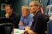 President George W. Bush, joined by Federal Emergency Management Agency Administrator David Paulison, left, and Deputy Administrator Harvey Johnson, right, participates in a briefing on preparations for Hurricane Gustav, at the FEMA National Response Center, Sunday, August 31, 2008 in Washington, DC.