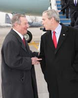 President George W. Bush presented the President’s Volunteer Service Award to Fred Pancoast upon arrival in Nashville, Tennessee, on Tuesday, March 11, 2008.  Pancoast is a volunteer with Operation Stand Down Nashville and other community organizations.  To thank them for making a difference in the lives of others, President Bush honors a local volunteer when he travels throughout the United States.  He has met with more than 600 volunteers, like Pancoast, since March 2002.