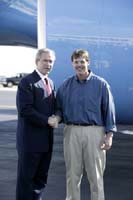 President George W. Bush met Brian Koontz upon arrival in Winston-Salem, North Carolina, on Friday, November 7, 2003.  Koontz has served as a volunteer fire fighter with the County Line Volunteer Fire Department for the past 19 years.