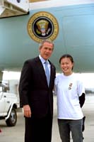 President George W. Bush met Miranda Ip, an AmeriCorps member who is serving with Public Allies, a Bay Area not for profit organization that promotes youth leadership by placing young adults in leadership positions with other community serving organizations. Upon his arrival in Mountain View, California, Tuesday, April 30th, the President recognized Ip as an example of the dedication to service he is hoping to instill in all Americans.