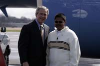 President George W. Bush presented the President’s Volunteer Service Award to Amargeet Singh, 16, upon arrival at the airport in New Haven, Connecticut, on Wednesday, April 5, 2006.  Singh, a junior at Crosby High School, is a volunteer with the Youth Health Service Corps.  To thank them for making a difference in the lives of others, President Bush has met with more than 480 individuals around the country, like Singh, since March 2002.