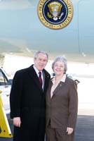 President George W. Bush presented the President’s Volunteer Service Award to Pat Taylor upon arrival at the airport in Newport News, Virginia, on Saturday, February 3, 2007.  Taylor is a volunteer with the Peninsula Crime Line, the Newport News Commission on Youth, and a variety of other community organizations.  To thank them for making a difference in the lives of others, President Bush honors a local volunteer, called a USA Freedom Corps Greeter, when he travels throughout the United States.  President Bush has met with more than 550 individuals around the country, like Taylor, since March 2002.