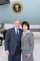 President George W. Bush presented the President’s Volunteer Service Award to Holly Cleveland upon arrival in Jacksonville, Florida, on Tuesday, March 18, 2008.  Cleveland is a tutor, classroom reader, and a volunteer with Operation Blessing.   To thank them for making a difference in the lives of others, President Bush honors a local volunteer when he travels throughout the United States.  He has met with more than 600 volunteers, like Cleveland, since March 2002.