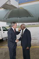 President George W. Bush presented the President’s Volunteer Service Award to Jim Stitt upon arrival in Fayetteville, North Carolina, on Tuesday, June 28, 2005.  Stitt is a volunteer with the Retired and Senior Volunteer Program of Cumberland County (RSVP).  To thank them for making a difference in the lives of others, President Bush has met with more than 400 individuals around the country, like Stitt, since March 2002.