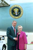 President George W. Bush met Ruth Blake upon arrival in Kansas City, Missouri, on Monday, June 14, 2004.  Blake, 78, is a volunteer with the senior adult education program at Shepherd’s Center of Kansas City Central. 