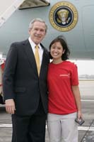 President George W. Bush presented the President’s Volunteer Service Award to Hannah Locke, 22, upon arrival at the airport in Los Angeles, California, on Wednesday, April, 4, 2007.  Locke is a volunteer Corps member with Jumpstart.  To thank them for making a difference in the lives of others, President Bush honors a local volunteer when he travels throughout the United States.  President Bush has met with more than 575 individuals around the country, like Locke, since March 2002.