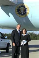 President George W. Bush met Robin Longino upon arrival in Greenville, South Carolina, on Monday, November 10, 2003.  Longino has been an active volunteer with Hands On Greenville for the past four years. 