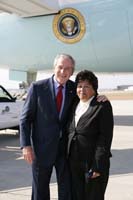 President George W. Bush presented the President’s Volunteer Service Award to Gloria Sanchez upon arrival in San Antonio, Texas, on Thursday, November 8, 2007.  Sanchez is a volunteer with the Bexar County Emergency Scene Rehab, Citizens On Patrol and the Community Emergency Response Team.  To thank them for making a difference in the lives of others, President Bush honors a local volunteer when he travels throughout the United States.  He has met with more than 600 volunteers, like Sanchez, since March 2002.