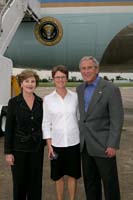 President George W. Bush presented the President’s Volunteer Service Award to Allison Stouse upon arrival in New Orleans, Louisiana, on Tuesday, August, 28, 2007.  Stouse is a volunteer with the Louisiana Children’s Museum and the Faubourg St. Roch Project.  To thank them for making a difference in the lives of others, President Bush honors a local volunteer when he travels throughout the United States.  He has met with more than 600 volunteers, like Stouse, since March 2002.
