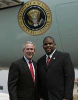 President George W. Bush presented the President’s Volunteer Service Award to Vester Marable, 16, upon arrival at Maxwell Air Force Base in Montgomery, Alabama, on Wednesday, April 19, 2006.  Marable, a junior at Booker T. Washington High School, is a volunteer at the Tuskegee Airmen National Historic Site.  To thank them for making a difference in the lives of others, President Bush has met with more than 480 individuals around the country, like Marable, since March 2002.