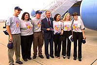 President George W. Bush met a group of University of Pittsburgh volunteers who are working to prepare low-income pre-school students for school through the Jumpstart Program upon arrival in Pittsburgh. Caroline Chupka of Harrison; John Ashcroft of Lititz; Michael Benton of Somerset; Julie Hartline and Amanda Priebe, both of Pittsburgh; and Jessica Friedrichs, the AmeriCorps VISTA volunteer who trained the students for their service with Jumpstart, met President Bush when he arrived at Pittsburgh International Airport.