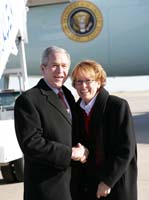 President George W. Bush presented the President’s Volunteer Service Award to Cherie Yager upon arrival at Buckley Air Force Base on Thursday, January 31, 2008.  Yager is a volunteer at the Stout Street Eye Clinic.  To thank them for making a difference in the lives of others, President Bush honors a local volunteer when he travels throughout the United States.  He has met with more than 600 volunteers, like Yager, since March 2002.