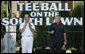 President George W. Bush is joined by Chairman of the Joint Chiefs of Staff, Admiral Michael Mullen, honorary Tee Ball commissioner, as President Bush welcomes the children of active-duty military personnel Sunday, Sept. 7, 2008, who are playing in the Tee Ball on the South Lawn: A Salute to the Troops game. White House photo by Andrew Hreha