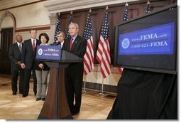 President George W. Bush outlines further assistance to victims of Hurricane Katrina, Thursday, Sept. 8, 2005 in the Eisenhower Executive Office Building in Washington. President Bush is joined, from left to right, by U.S. Secretary of Housing & Urban Development, Alphonso Jackson; U.S. Secretary of Health & Human Services, Michael OI. Leavitt; U.S. Secretary of Labor, Elaine Chao; and U.S. Secretary of Agriculture, Mike Johanns.  White House photo by Paul Morse