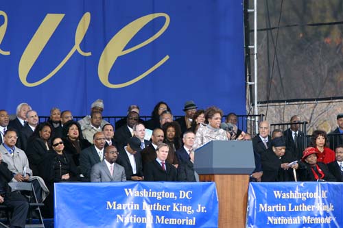 Oprah Winfrey addresses the crowd at groundbreaking ceremonies for the Martin Luther King, Jr. National Memorial in Washington, DC.  More than 100 AmeriCorps members and Learn and Serve students volunteered at the historic groundbreaking of the Martin Luther King Jr. National Memorial.  Speakers challenged Americans to honor Dr. King’s life and legacy by working in their communities achieve King’s dream of justice and equality.  For the past 12 years, the Corporation for National and Community Service has led national efforts to transform the King Holiday into a national day of service as a living memorial to the civil rights legend.