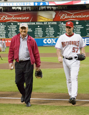 Returned Volunteer and MSNBC Hardball host Chris Matthews threw out the first pitch during Peace Corps night at the Washington Nationals game.