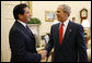 President George W. Bush welcomes Panama's President Martin Torrijos to the Oval Office Wednesday, Sept. 17, 2008, at the White House, where the two leaders discussed bilateral issues including the free trade agreement between Panama and the United States. White House photo by Eric Draper