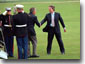 British Prime Minister Tony Blair welcomes President Bush to Chequers in Halton, England, July 19. Like Camp David, which Mr. Blair visited in February, Chequers is a private residence for the Prime Minister where the two leaders can talk privately. 