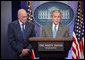 With Secretary of Treasury Hank Paulson looking on, President George W. Bush delivers a statement on the Bipartisan Economic Growth Agreement Thursday, Jan. 24, 2008, in the James S. Brady Press Briefing Room at the White House. Said the President, "I thank the Speaker and I thank Leader Boehner for their hard work. and for showing the American people that we can come together to help our nation deal with difficult economic challenges."  White House photo by Chris Greenberg