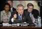 President George W. Bush emphasizes a point as he speaks Saturday, November 5, 2005, during the 2005 Summit of the Americas in Mar del Plata, Argentina.  White House photo by Eric Draper